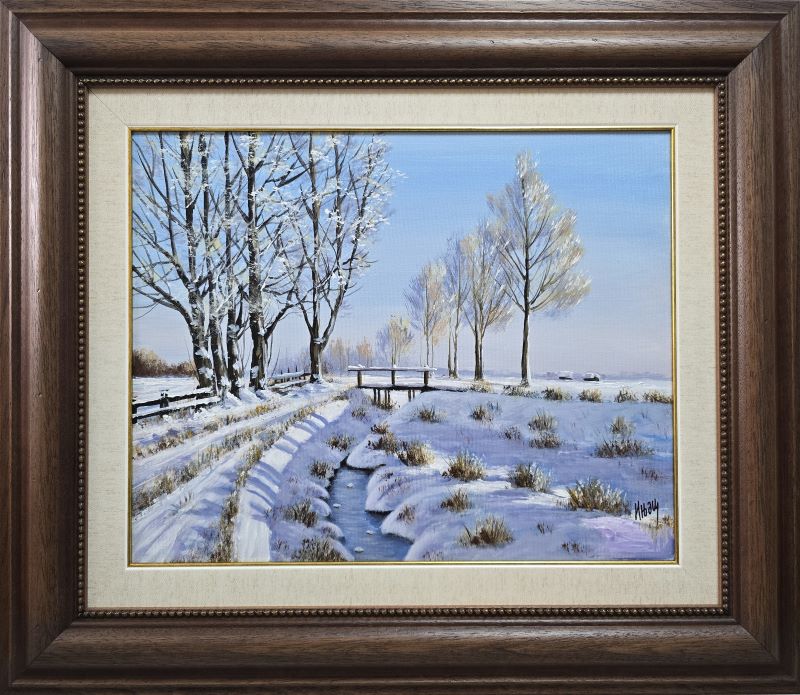 Umetnička slika Zimski potok slikar Aleksandar Injac - tehnika ulje na platnu - format slike sa ramom 64x74 cm - bez rama 40x50 cm - Cena umetničke slike 23600 dinara - izgled slike sa ramom