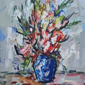 Umetnička slika Cveće u vazi 1 slikar Vojo Vlahović - tehnika ulje na platnu - format slike sa ramom 64x54 cm - bez rama 50x40 cm - Cena umetničke slike 33040 dinara - izgled slike bez rama