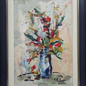 Umetnička slika Cveće u vazi 4 slikar Vojo Vlahović - tehnika ulje na platnu - format slike sa ramom 68x51 cm - bez rama 53x36 cm - Cena umetničke slike 33040 dinara - izgled slike sa ramom