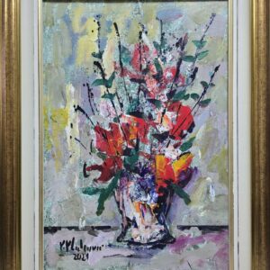 Umetnička slika Cveće u vazi 5 slikar Vojo Vlahović - tehnika ulje na platnu - format slike sa ramom 68x51 cm - bez rama 53x36 cm - Cena umetničke slike 33040 dinara - izgled slike sa ramom