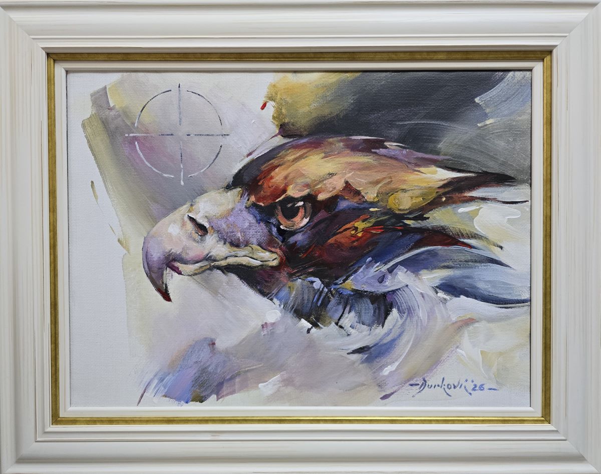 Umetnička slika Dobar pogled slikar akademski Braca Đurković - tehnika akril i ulje na platnu od jute - format slike sa ramom 55x70 cm - bez rama 40x55 cm - Cena umetničke slike 129800 dinara - izgled slike sa ramom