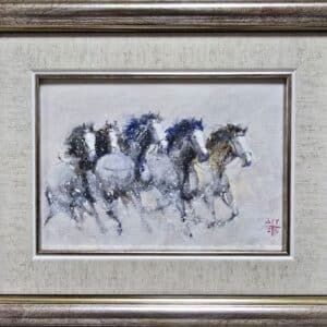 Umetnička slika Konji 10 slikar Dragan Tasić - tehnika akril na lesonitu - format slike sa ramom 23x28 cm - bez rama 13x17 cm - Cena umetničke slike 6490 dinara - izgled slike sa ramom