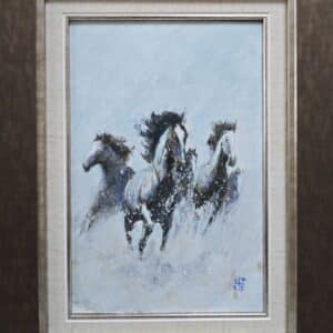 Umetnička slika Konji 13 slikar Dragan Tasić - tehnika akril na platnu kaširano na kartonu - format slike sa ramom 42x32 cm - bez rama 30x20 cm - Cena umetničke slike 8850 dinara - izgled slike sa ramom