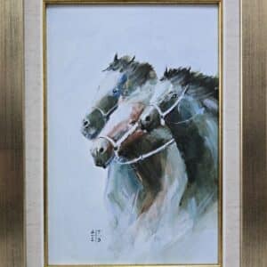 Umetnička slika Konji 17 slikar Dragan Tasić - tehnika akril na platnu kaširano na kartonu - format slike sa ramom 39x29 cm - bez rama 30x20 cm - Cena umetničke slike 8850 dinara - izgled slike sa ramom