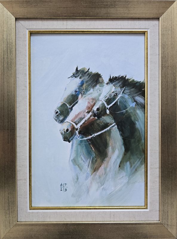 Umetnička slika Konji 17 slikar Dragan Tasić - tehnika akril na platnu kaširano na kartonu - format slike sa ramom 39x29 cm - bez rama 30x20 cm - Cena umetničke slike 8850 dinara - izgled slike sa ramom