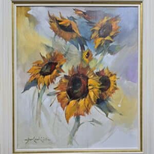 Umetnička slika Suncokreti 1 slikar akademski Braca Đurković - tehnika akril i ulje na platnu - format slike sa ramom 85x75 cm - bez rama 70x60 cm - Cena umetničke slike 226560 dinara - izgled slike sa ramom