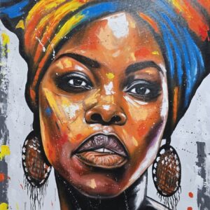 Umetnička slika Afrikanka 2 slikar Kasim (potpis A50, Zanzibar)- tehnika akril na platnu - veličina slike bez rama 94x64 cm - cena umetničke slike 53100 dinara - izgled slike bez rama