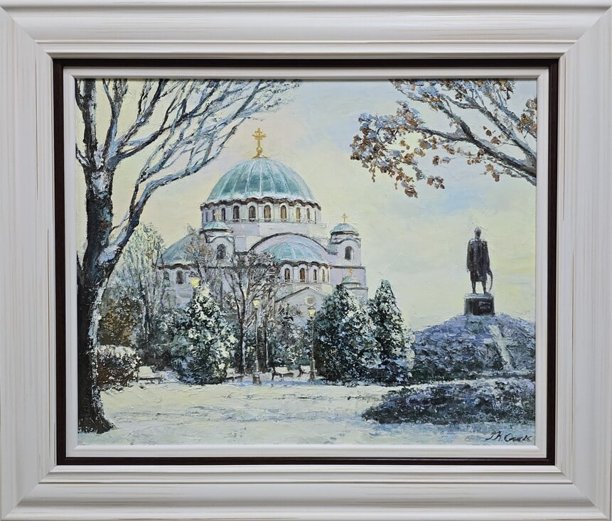 Umetnička slika Hram Svetog Save slikar Olja Nikonova- tehnika ulje na platnu - veličina slike bez rama 40x50 cm - sa ramom 55x65 cm - cena umetničke slike 46020 dinara - izgled slike sa ramom