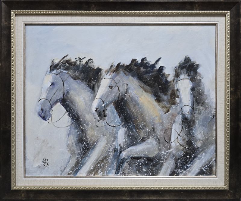 Umetnička slika Konji 30 slikar Dragan Tasić - tehnika akril na platnu kaširano na kartonu - format slike sa ramom 51x61 cm - bez rama 40x50 cm - Cena umetničke slike 14160 dinara - izgled slike sa ramom