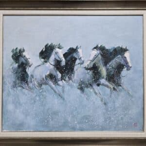 Umetnička slika Konji 31 slikar Dragan Tasić - tehnika akril na platnu kaširano na kartonu - format slike sa ramom 60x70 cm - bez rama 50x60 cm - Cena umetničke slike 17700 dinara - izgled slike sa ramom