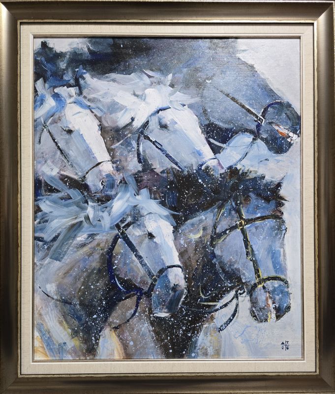 Umetnička slika Konji 33 slikar Dragan Tasić - tehnika akril na platnu kaširano na kartonu - format slike sa ramom 70x60 cm - bez rama 60x50 cm - Cena umetničke slike 17700 dinara - izgled slike sa ramom
