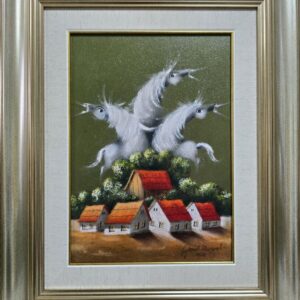Umetnička slika Tri bela konja III slikar Janoš Mesaroš- tehnika kombinovana tehnika lak pastel - veličina slike bez rama 35x25 cm - sa ramom 56x46 cm - cena umetničke slike 35400 dinara - izgled slike sa ramom