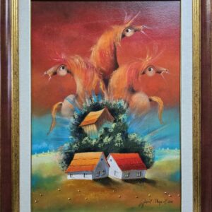 Umetnička slika Tri konja vrana III slikar Janoš Mesaroš- tehnika kombinovana pastel ulje lak - veličina slike bez rama 70x50 cm - sa ramom 90x70 cm - cena umetničke slike 82600 dinara - izgled slike sa ramom