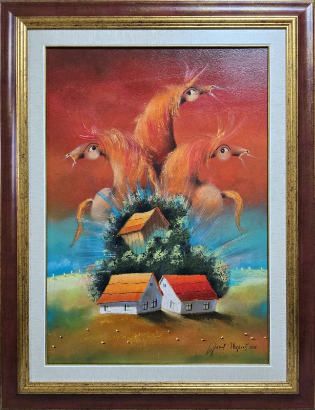 Umetnička slika Tri konja vrana III slikar Janoš Mesaroš- tehnika kombinovana pastel ulje lak - veličina slike bez rama 70x50 cm - sa ramom 90x70 cm - cena umetničke slike 82600 dinara - izgled slike sa ramom