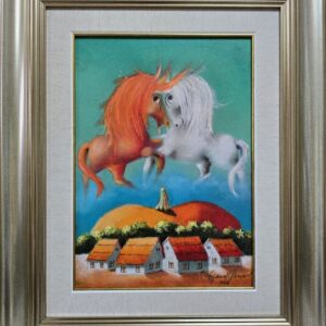 Umetnička slika Zelena igra III slikar Janoš Mesaroš- tehnika kombinovana tehnika lak pastel - veličina slike bez rama 35x25 cm - sa ramom 56x46 cm - cena umetničke slike 35400 dinara - izgled slike sa ramom