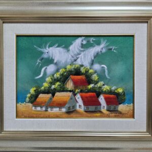Umetnička slika Zelena porodica III slikar Janoš Mesaroš- tehnika kombinovana tehnika lak pastel - veličina slike bez rama 25x35 cm - sa ramom 46x56 cm - cena umetničke slike 35400 dinara - izgled slike sa ramom