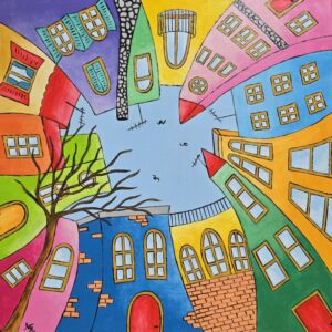 Umetnička slika Zgrade slikar Tijana Lazić- tehnika akril na platnu - veličina slike bez rama 40x40 cm - cena umetničke slike 10620 dinara - izgled slike bez rama