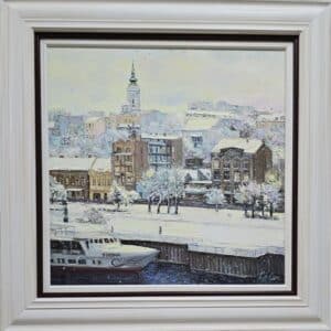 Umetnička slika Zima u Beogradu slikar Olja Nikonova- tehnika ulje na platnu - veličina slike bez rama 40x40 cm - sa ramom 55x55 cm - cena umetničke slike 38940 dinara - izgled slike sa ramom