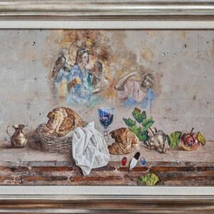 Umetnička slika Anđeo iz Sopoćana slikar Milan Miletić- tehnika ulje na platnu - veličina slike bez rama 50x70 cm - sa ramom 69x89 cm - cena umetničke slike 224200 dinara - izgled slike sa ramom