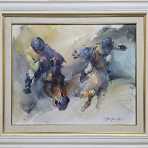 Umetnička slika Dva jahača slikar Braca Đurković- tehnika akril ulje na platnu od jute - veličina slike bez rama 45x55 cm - sa ramom 64x74 cm - cena umetničke slike 141600 dinara - izgled slike sa ramom