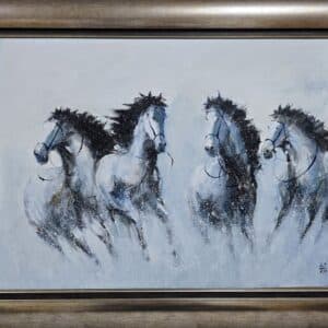 Umetnička slika Galop 1 slikar Dragan Tasić- tehnika akril na lesonitu - veličina slike bez rama 60x80 cm - sa ramom 78x98 cm - cena umetničke slike 38940 dinara - izgled slike sa ramom