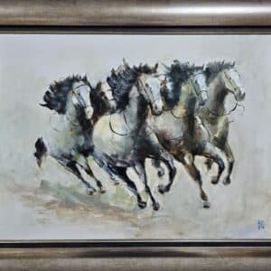 Umetnička slika Galop 3 slikar Dragan Tasić- tehnika akril na lesonitu - veličina slike bez rama 60x80 cm - sa ramom 78x98 cm - cena umetničke slike 38940 dinara - izgled slike sa ramom