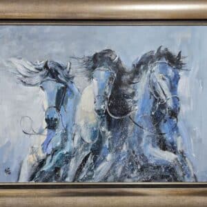 Umetnička slika Galop 4 slikar Dragan Tasić- tehnika akril na lesonitu - veličina slike bez rama 60x80 cm - sa ramom 78x98 cm - cena umetničke slike 38940 dinara - izgled slike sa ramom