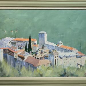 Umetnička slika Hilandar slikar Dragan Tasić- tehnika akril na lesonitu - veličina slike bez rama 60x80 cm - sa ramom 76x96 cm - cena umetničke slike 38940 dinara - izgled slike sa ramom