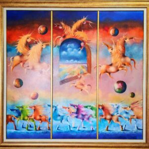 Umetnička slika Ima nade (triptih) slikar Janoš Mesaroš- tehnika ulje na platnu - veličina slike bez rama 100x105 cm - sa ramom 116x122 cm - cena umetničke slike 590000 dinara - izgled slike sa ramom.