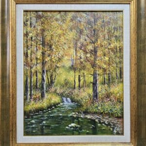 Umetnička slika Jesenji potok slikar Jadran Đukić- tehnika ulje na platnu - veličina slike bez rama 50x40 cm - sa ramom 69x59 cm - cena umetničke slike 28320 dinara - izgled slike sa ramom