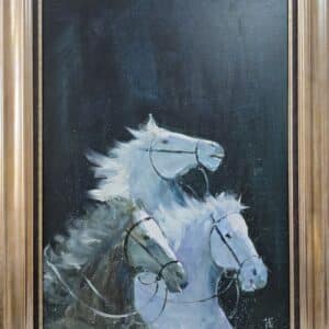 Umetnička slika Konji koji jure 2 slikar Dragan Tasić- tehnika akril na lesonitu - veličina slike bez rama 70x50 cm - sa ramom 87x67 cm - cena umetničke slike 30680 dinara - izgled slike sa ramom