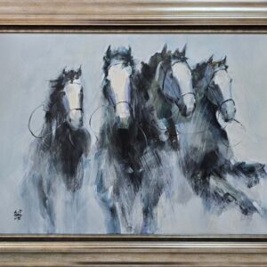 Umetnička slika Konji koji jure 4 slikar Dragan Tasić- tehnika akril na lesonitu - veličina slike bez rama 50x70 cm - sa ramom 67x87 cm - cena umetničke slike 30680 dinara - izgled slike sa ramom