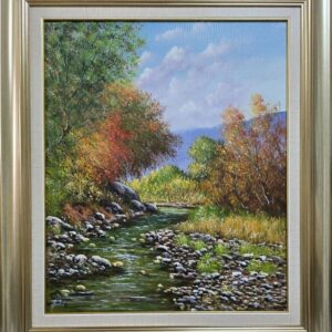 Umetnička slika Potok slikar Jadran Đukić- tehnika ulje na platnu - veličina slike bez rama 60x50 cm - sa ramom 79x69 cm - cena umetničke slike 35400 dinara - izgled slike sa ramom