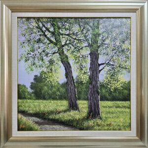 Umetnička slika Proleće slikar Jadran Đukić- tehnika ulje na platnu - veličina slike bez rama 60x60 cm - sa ramom 79x79 cm - cena umetničke slike 38940 dinara - izgled slike sa ramom
