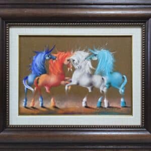 Umetnička slika Šareno IV slikar Janoš Mesaroš- tehnika kombinovana tehnika lak pastel - veličina slike bez rama 25x35 cm - sa ramom 46x56 cm - cena umetničke slike 35400 dinara - izgled slike sa ramom