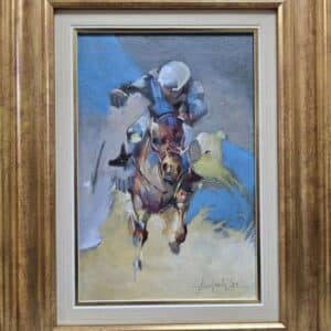 Umetnička slika Jahač 1 slikar Braca Đurković- tehnika ulje na platnu kaširano na lesonitu - veličina slike bez rama 30x20 cm - sa ramom 46x36 cm - cena umetničke slike 42480 dinara - izgled slike sa ramom