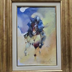 Umetnička slika Jahač 2 slikar Braca Đurković- tehnika ulje na platnu kaširano na lesonitu - veličina slike bez rama 30x20 cm - sa ramom 46x36 cm - cena umetničke slike 42480 dinara - izgled slike sa ramom