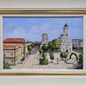 Umetnička slika Smederevo centar slikar Jadran Đukić- tehnika ulje na platnu - veličina slike bez rama 20x30 cm - sa ramom 30x40 cm - cena umetničke slike 11800 dinara - izgled slike sa ramom