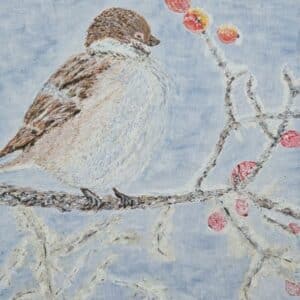 Umetnička slika Vrabac slikar Milica Rančić- tehnika akril na platnu - veličina slike bez rama 40x30 cm - cena umetničke slike 5900 dinara - izgled slike bez rama