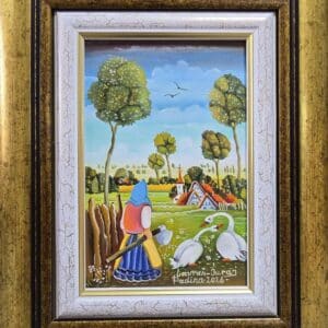 Umetnička slika Mama slikar Juraj Lavroš- Naiva Kovačica - tehnika ulje na platnu kaširano na kartonu - veličina slike bez rama 18x12 cm - sa ramom 29x23 cm - cena umetničke slike 17700 dinara - izgled slike sa ramom.