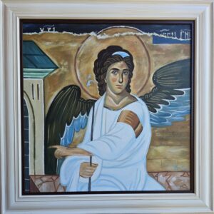 Umetnička slika Beli anđeo slikar Marija Đukić- tehnika ulje na platnu - veličina slike bez rama 50x50 cm - sa ramom 63x63 cm - cena umetničke slike 23600 dinara - izgled slike sa ramom.
