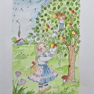 Umetnička slika Branje jabuka 1 slikar Eva Husarikova- Naiva Kovačica - tehnika grafika dorađena akvarelom - veličina slike bez rama 30x22 cm - sa paspartuom 42x30 cm - cena umetničke slike 7080 dinara - izgled slike sa paspartuom.