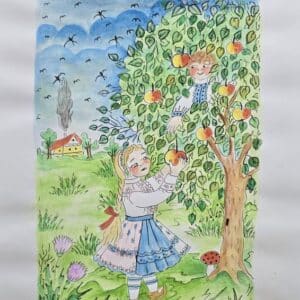 Umetnička slika Branje jabuka 2 slikar Eva Husarikova- Naiva Kovačica - tehnika grafika dorađena akvarelom - veličina slike bez rama 30x22 cm - sa paspartuom 42x30 cm - cena umetničke slike 7080 dinara - izgled slike sa paspartuom.