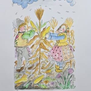 Umetnička slika Branje kukuruza slikar Eva Husarikova- Naiva Kovačica - tehnika grafika dorađena akvarelom - veličina slike bez rama 30x22 cm - sa paspartuom 42x30 cm - cena umetničke slike 7080 dinara - izgled slike sa paspartuom.