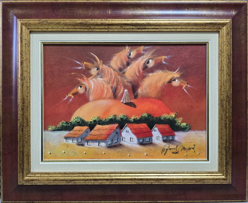 Umetnička slika Bundeva VI slikar Janoš Mesaroš- tehnika kombinovana tehnika lak pastel - veličina slike bez rama 25x35 cm - sa ramom 43x53 cm - cena umetničke slike 35400 dinara - izgled slike sa ramom.