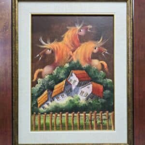 Umetnička slika Crvena rapsodija VI slikar Janoš Mesaroš- tehnika kombinovana tehnika lak pastel - veličina slike bez rama 35x25 cm - sa ramom 53x43 cm - cena umetničke slike 35400 dinara - izgled slike sa ramom.