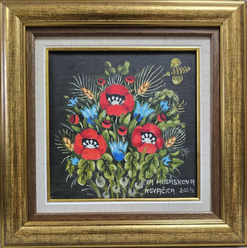 Umetnička slika Cveće slikar Eva Husarikova- Naiva Kovačica - tehnika ulje na platnu - veličina slike bez rama 20x20 cm - sa ramom 32x32 cm - cena umetničke slike 33040 dinara - izgled slike sa ramom.