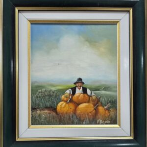 Umetnička slika Deda i bundeve slikar Vladimir Kepić- Naiva Jagodina - tehnika ulje na platnu kaširano na lesonitu - veličina slike bez rama 36x22 cm - sa ramom 38x35 cm - cena umetničke slike 59000 dinara - izgled slike sa ramom.