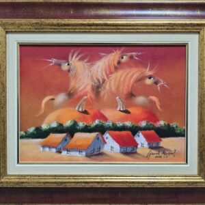 Umetnička slika Dve bundeve VI slikar Janoš Mesaroš- tehnika kombinovana tehnika lak pastel - veličina slike bez rama 25x35 cm - sa ramom 43x53 cm - cena umetničke slike 35400 dinara - izgled slike sa ramom.