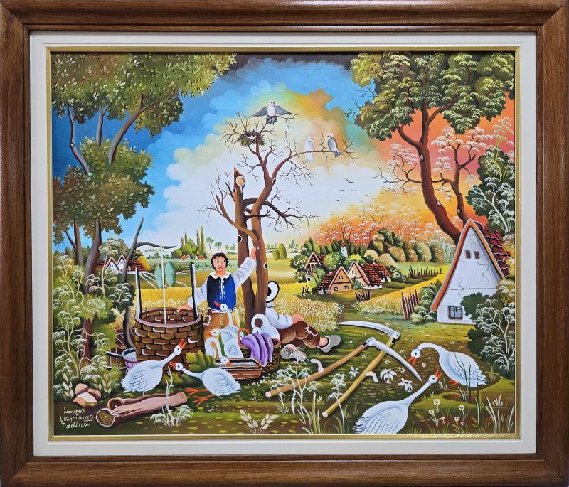 Umetnička slika Komšinica slikar Juraj Lavroš- Naiva Kovačica - tehnika ulje na platnu - veličina slike bez rama 50x60 cm - sa ramom 62x72 cm - cena umetničke slike 88500 dinara - izgled slike sa ramom.